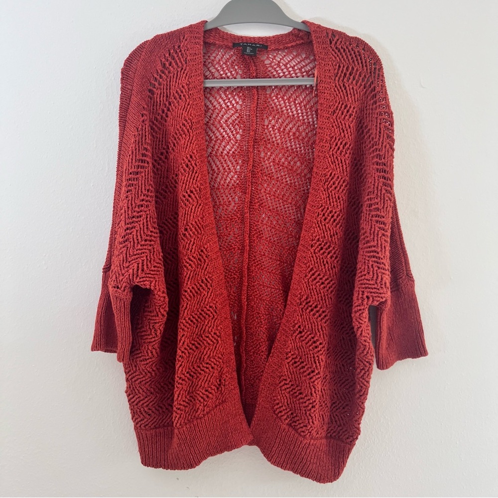 Tahari Burnt Orange Loose Knit Open Front Cardigan Dolman Sleeves Long Line Sz L